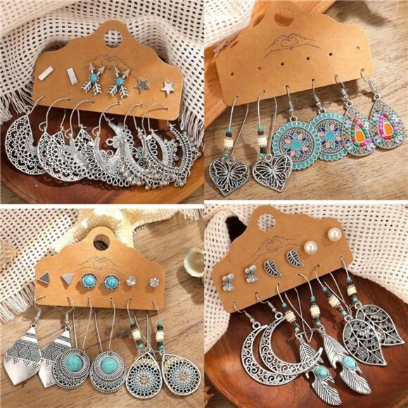 45 Pairs Vintage Silver Drop Dangle Earrings Set for Women Bohemian Bronze - Picture 4 of 7